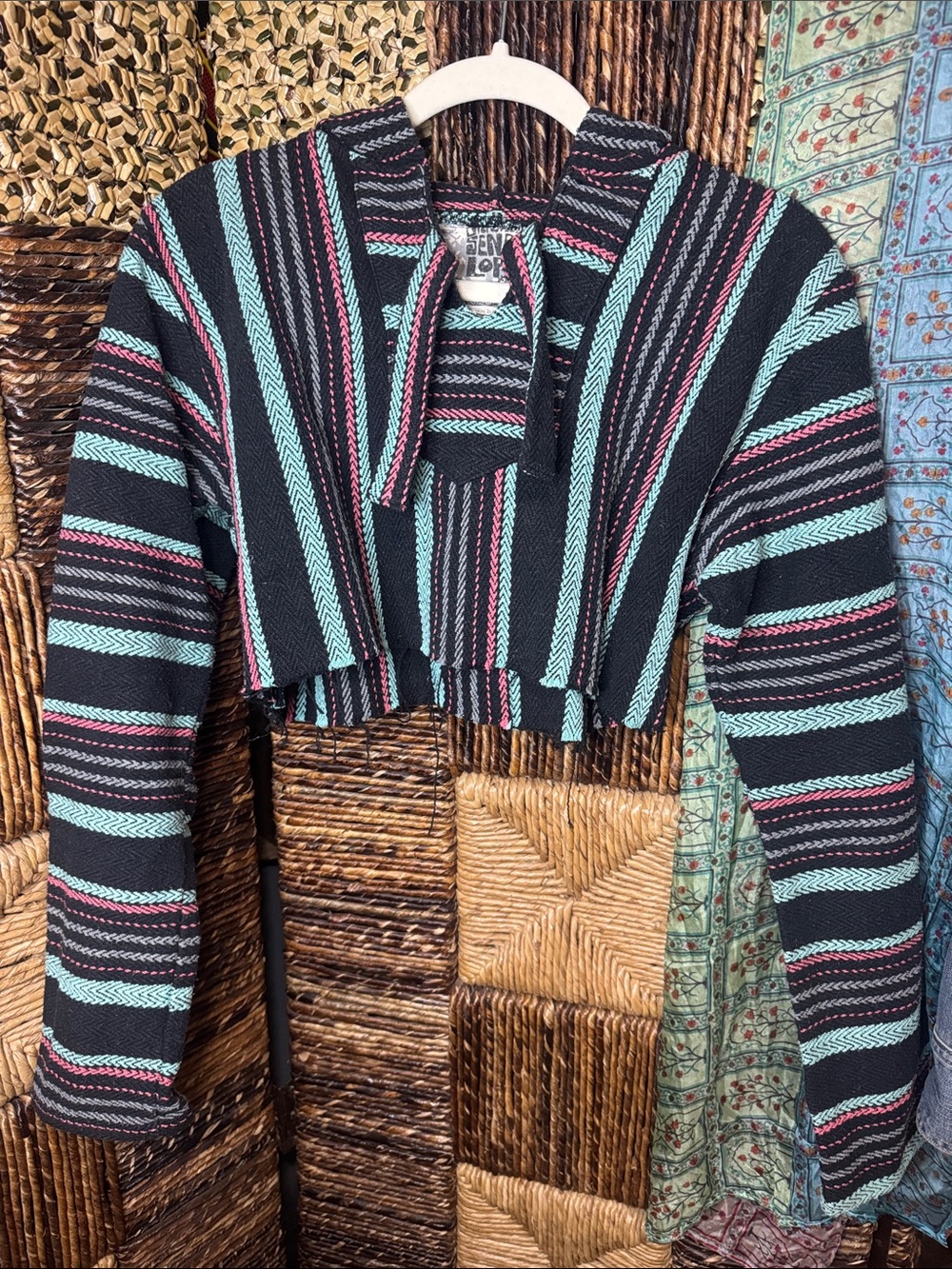 Cropped Hooded Stripe Sweater - Black with Teal & Pink